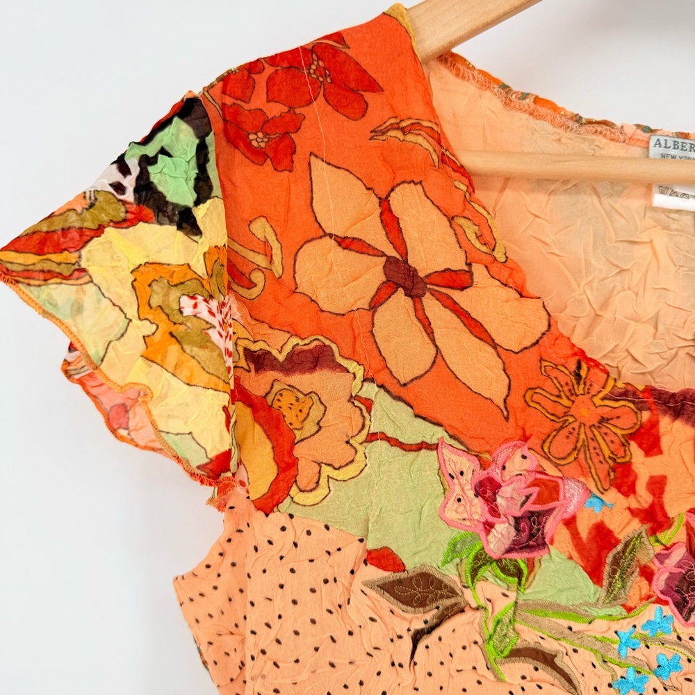 Alberto Makali Y2K Silk Look Orange Floral Crinkle Mesh Top Blouse Large L Boho - Picture 8 of 15